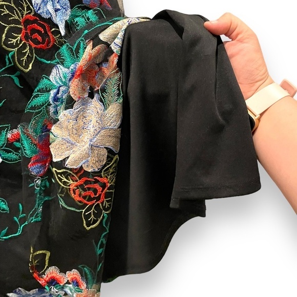 Beige by eci Black Embroidered Floral Sheer Swing Dress | Size Medium - Picture 9 of 12